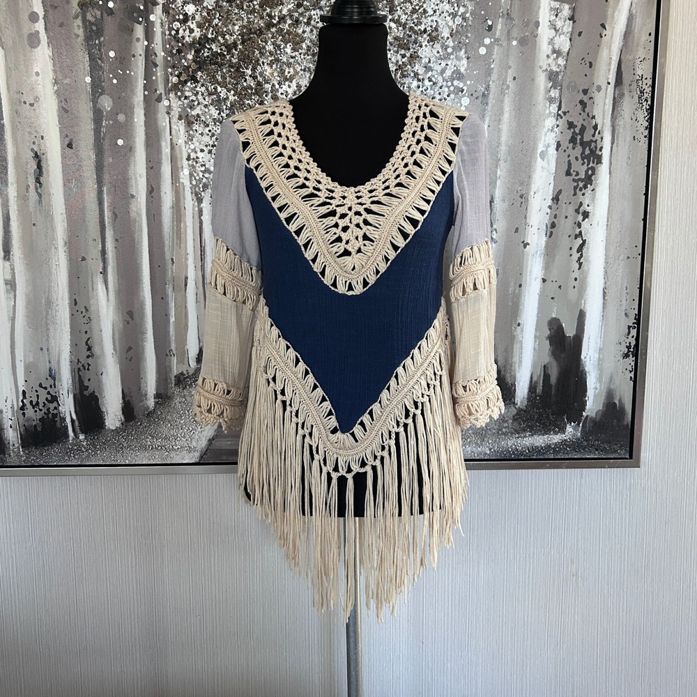 Rebellion Again Boho Style Crochet and Macramé Fringe Detailing Blouse - Small